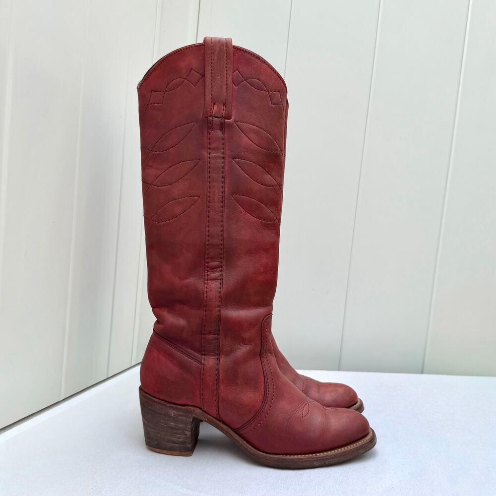 Vintage 1970s Frye Black Label Campus Western Stitch Tall Boots 8558 7.5 Redwood
